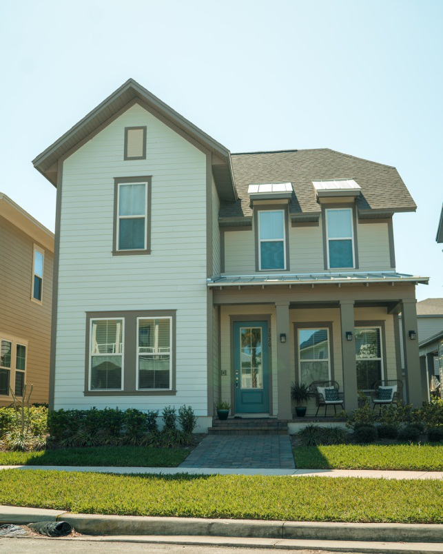 An image of a home style with a garden  