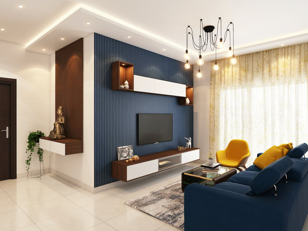 A navy blue and yellow living room 